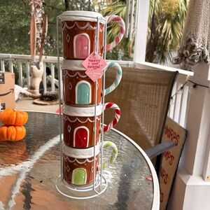Festive Gingerbread Mug Set with Stand